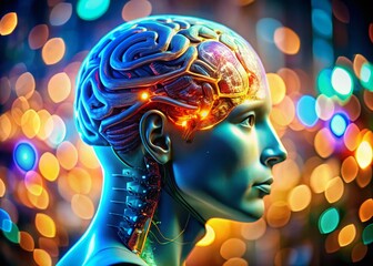 Obraz premium Miniature Human Head with Futuristic Brain Technology - Tilt-Shift Photography