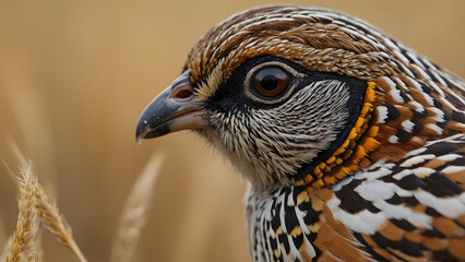 quails walking along a dirt path, surrounded by dry grasses and wildflowers, with soft sunlight illuminating their detailed markings, creating a warm and natural countryside scene