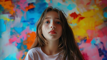 A young girl with long brown hair looks directly at the camera.