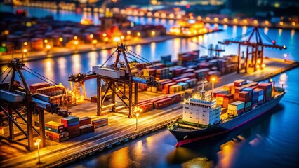 Fototapeta premium Miniature Low-Light Shipping Port: Cargo Ship, Cranes & Containers