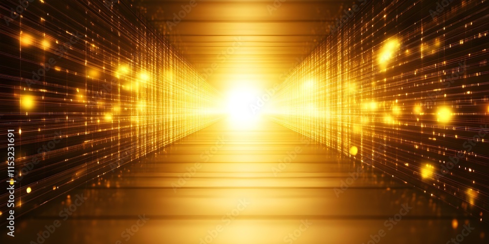 Poster a bright, golden light at the end of a tunnel surrounded by luminous lines and a sense of depth and 
