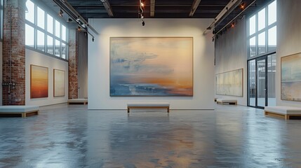 A large painting of a sunset hangs on the wall of a museum