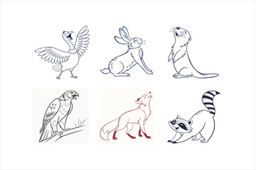 6 American animals minimalist vector illustration of happy face