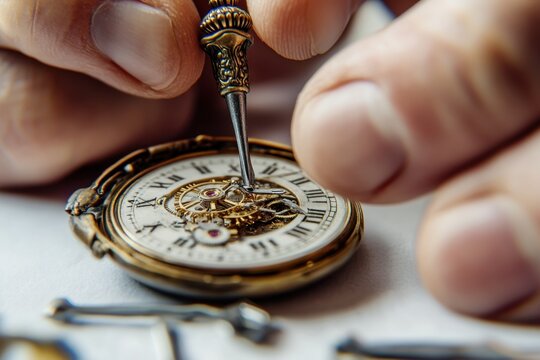Craftsman carefully repairing intricate pocket watch mechanism in workshop setting