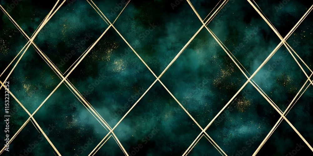 Poster a textured dark green background with diamond patterns outlined in gold, featuring a subtle, smoky e