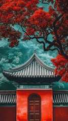 Classical traditional Chinese green trees building illustration poster background