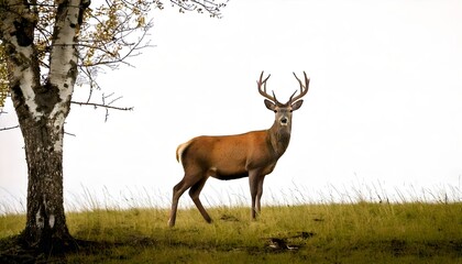 Fototapeta premium Deer standing alone by the tree, peaceful wildlife, forest animal
