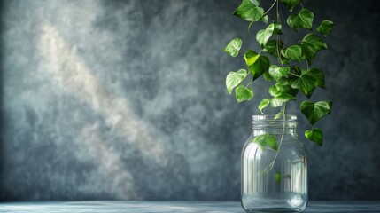 Green Vine Plant in Clear Glass Jar Against Grey Background