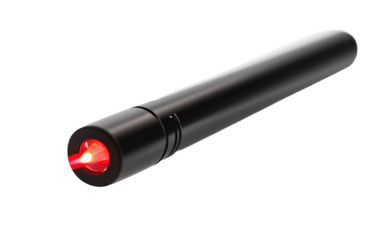 A small red laser pointer is sitting isolated on white or transparent background