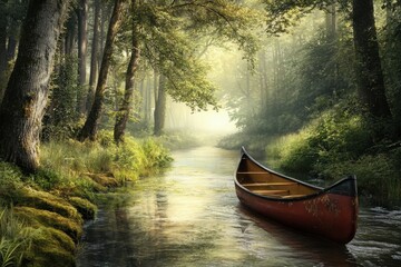 Fototapeta premium Calm river with a canoe gliding through lush green forest at dawn