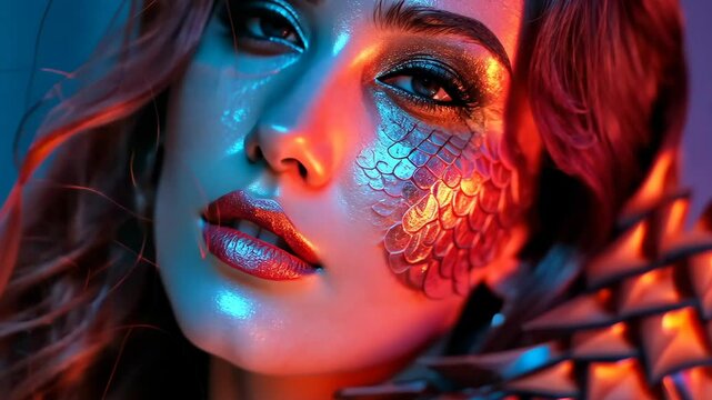 An Enchanting Portrait of a Woman With Shimmering Scales Illuminated by Vibrant Hues in an Artistic Setting