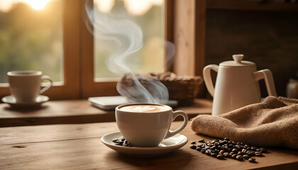 Warm Coffee Steam on a Rustic Wooden Table near Window, Cozy Cafe Atmosphere