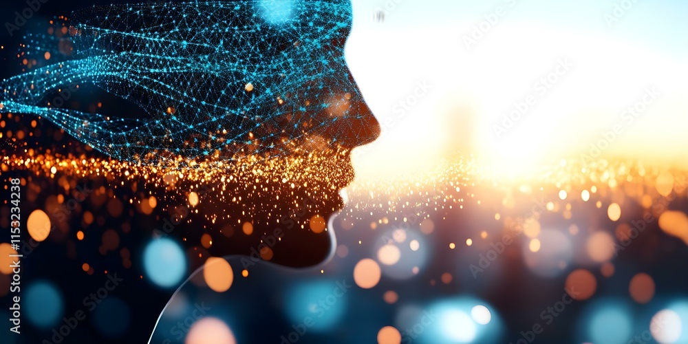 Poster a digital representation of a human profile combined with abstract technology elements and glowing p