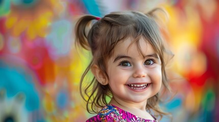A young girl with brown hair and big brown eyes smiles brightly at the camera.