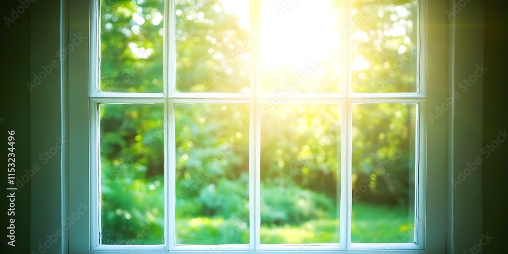 Poster a sunlit window with a view of lush greenery outside, creating a bright and serene atmosphere. conce