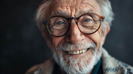A close up portrait of a smiling older man wearing glasses.