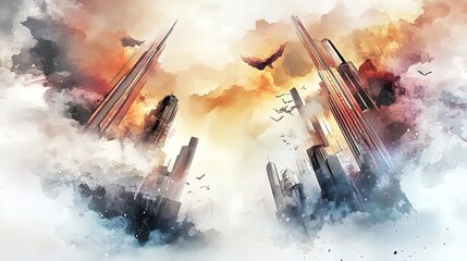 abstract futuristic skyscraper poster: sleek glass surfaces reflecting sunset in vibrant ultra-modern cityscape – perfect for enhancing any sport-inspired interior!