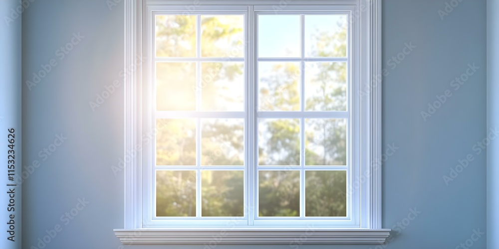 Poster a well-lit window with a white frame, showcasing a view of greenery and sunlight filtering through. 