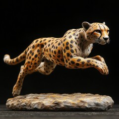 Naklejka premium Cheetah sculpture leaping on a textured base, black background.