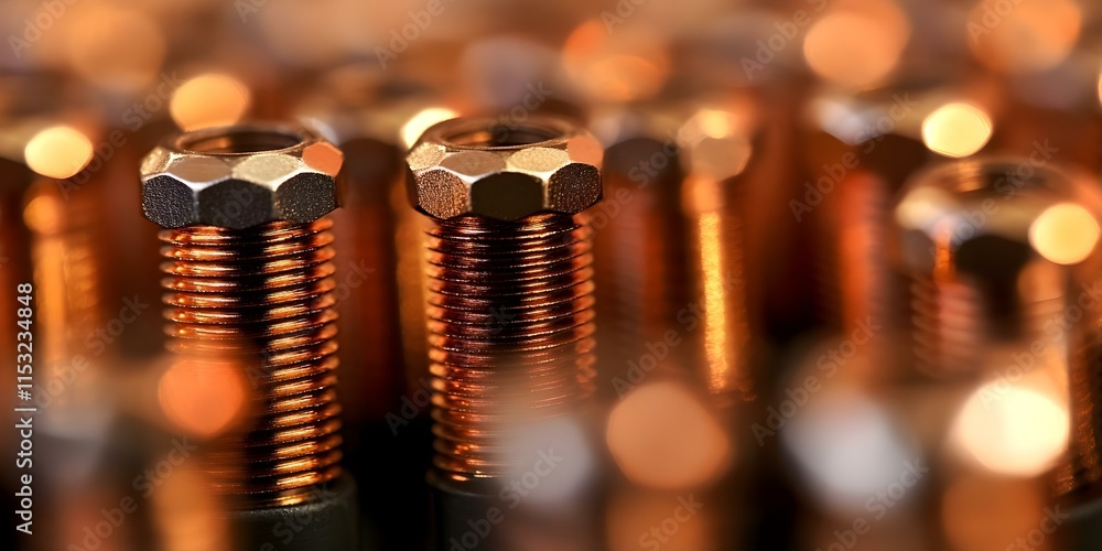 Poster a close-up of several metallic screws or bolts with a focus on the threaded part and hexagonal heads