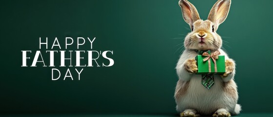 Obraz premium Adorable Rabbit Celebrates Fathers Day with a Gift, Happy Fathers Day Card