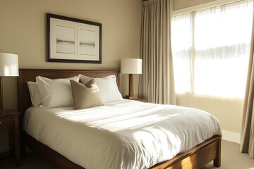 Stylish Bedroom with Wooden Bed, Soft Linens, and Sunlight Streaming Through Curtains