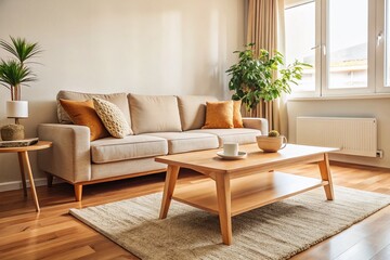 Fototapeta premium Minimalist Beige Living Room: Wooden Coffee Table & Sofa Stock Photo