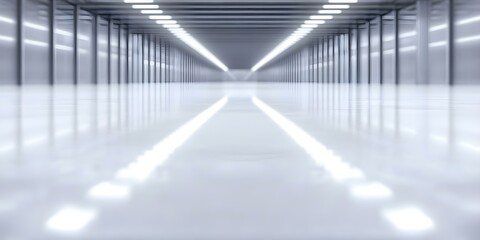 Fototapeta premium A long, empty corridor with a shiny floor and evenly spaced fluorescent lights. The perspective creates a sense of depth. Concept Long Corridor, Shiny Floor, Fluorescent Lighting, Depth Perspective