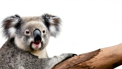 Fototapeta premium Koala laughing on white background, cute marsupial, happy expression, nature's joy