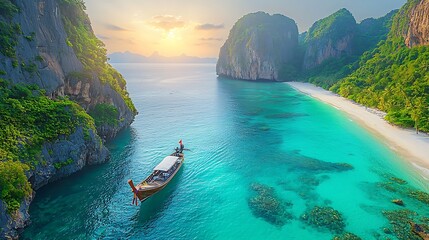 Traditional thai longtail boat anchored near shore at stunning beach sunset thailand travel photography tropical paradise aerial view
