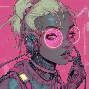 Illustration of a futuristic cyberpunk girl with headphones listening to music.
