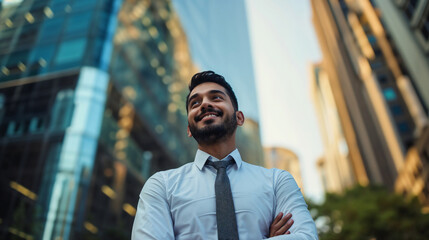 Fototapeta premium Indian businessman with cityscape background.