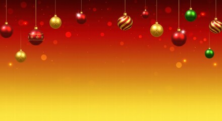 Christmas Ornament Banner: A festive banner with colorful, hanging Christmas ornaments against a gradient red, orange, and yellow background. Perfect for holiday greeting cards, invitations.