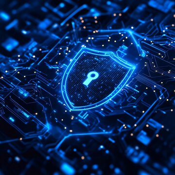 Cyber security concept. Blue shield with keyhole on circuit board background
