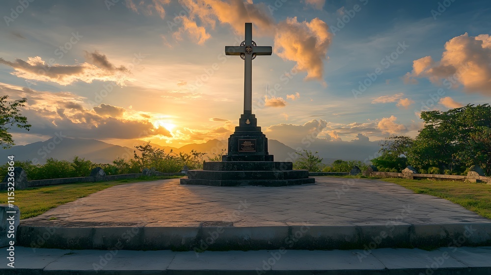 Poster front view of magellans cross in cebu, glowing softly under golden hour light, with a historical and