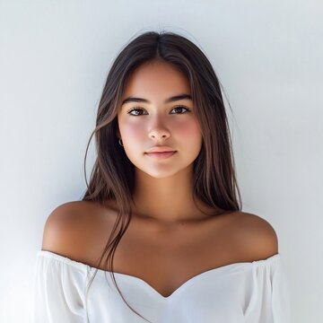 Beautiful petite latina girl with long hair in a white blouse
