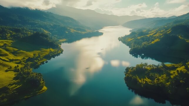 Aerial shot of the stunning Lake Sebu, with its serene waters surrounded by lush green hills, in 4K resolution