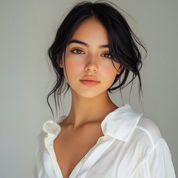 Portrait of a beautiful young latina woman in white shirt on white background
