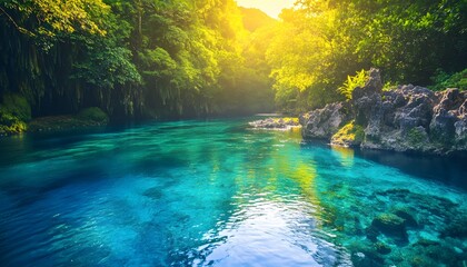 Bird eye view of the serene Hinatuan Enchanted River, with its vibrant blue waters glowing under golden sunlight, in 4K resolution