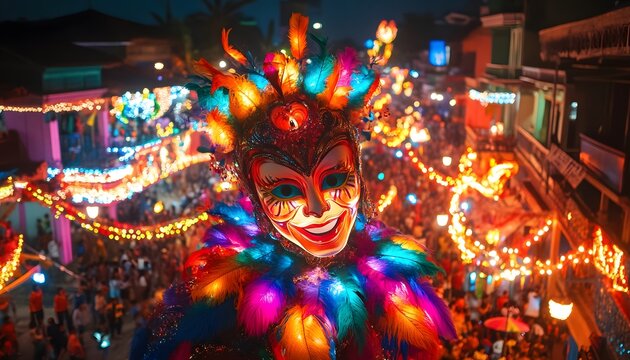 Bird eye view of the lively MassKara Festival in Bacolod, with colorful masks glowing under vibrant streetlights, in 4K resolution