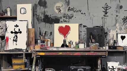 Obraz premium vibrant artist's studio: a dynamic display of colorful canvases and creative energy – perfect as a poster for inspiring sports interiors!