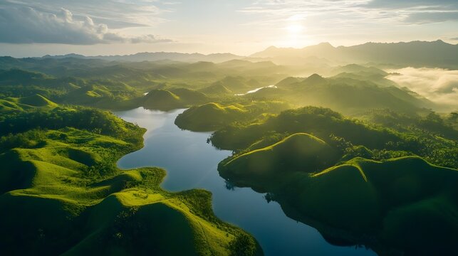 Aerial shot of the serene Mararison Island in Antique, with its rolling hills and vibrant green tones under soft sunlight, in 4K resolution