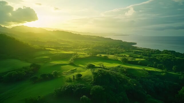 Aerial shot of the serene Mararison Island in Antique, with its rolling hills and vibrant green tones under soft sunlight, in 4K resolution