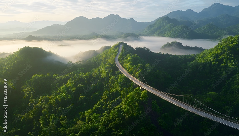 Poster aerial shot of langkawis sky bridge surrounded by misty mountains and lush green forests under a sof