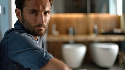 Close-up of man sitting on modern toilet looking slightly uncomfortable, clean minimalistic bathroom environment with copy space for text.