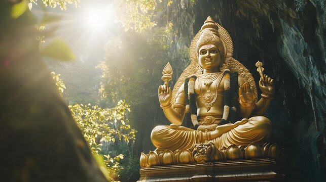 Front view of Batu Caves, with its iconic golden statue of Lord Murugan glowing under the bright midday sun, in 4K resolution