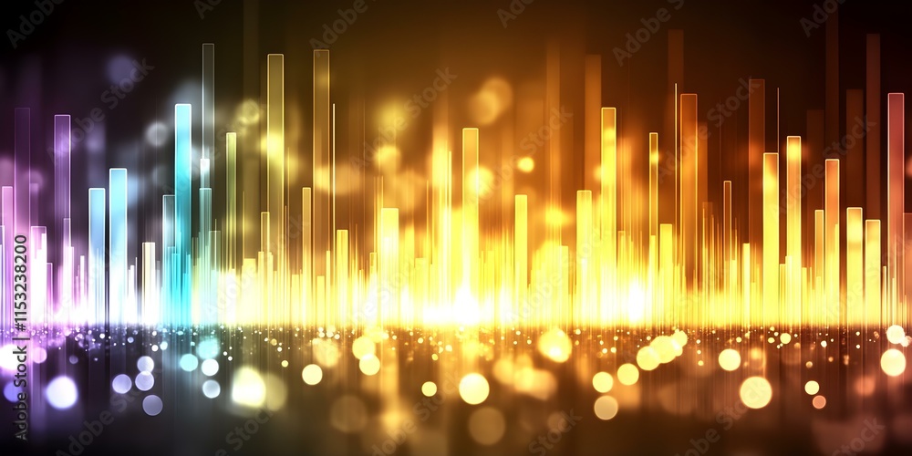 Poster a vibrant abstract representation of sound waves with colorful vertical bars and sparkling lights ag
