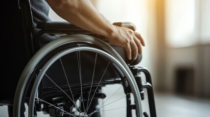 Obraz premium Person sits in a wheelchair resting a hand on the wheel