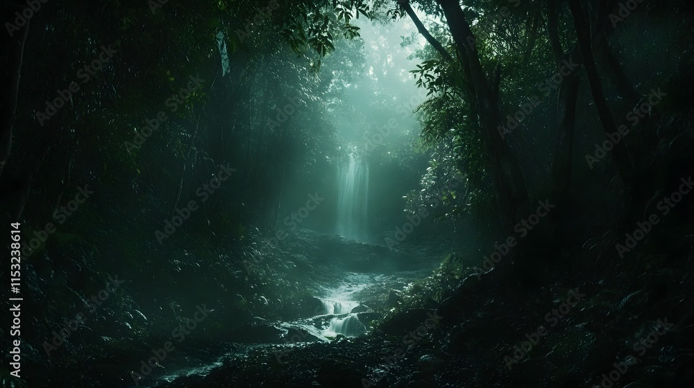 Poster front view of the dramatic batu berangkai waterfalls in kampar, with cascading water glowing softly 