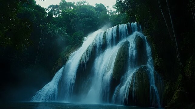 Front view of the dramatic Batu Berangkai Waterfalls in Kampar, with cascading water glowing softly in a lush jungle, in 4K resolution